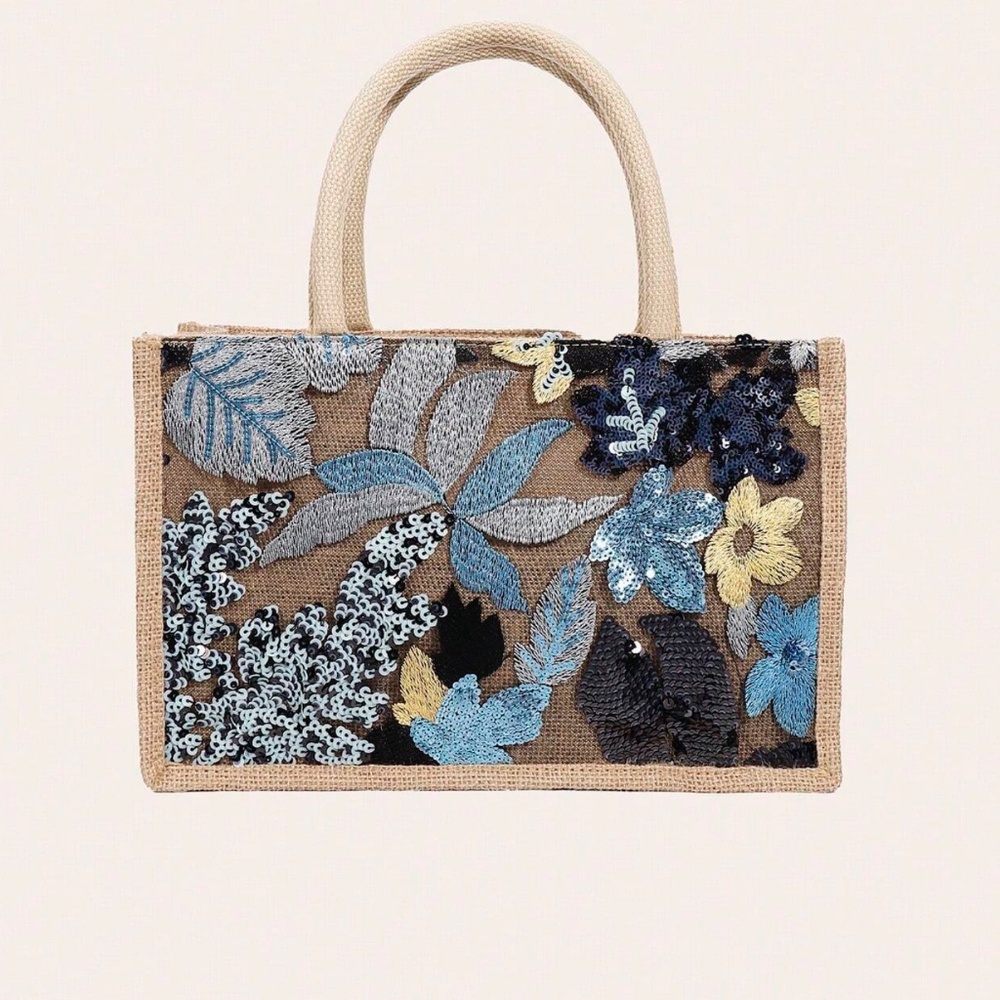 Boho Sequin Embroidered Burlap Medium Size Tote Bag - Picture 10 of 11